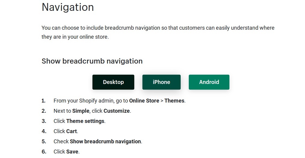 Petunjuk Shopify untuk menambahkan breadcrumbs situs web